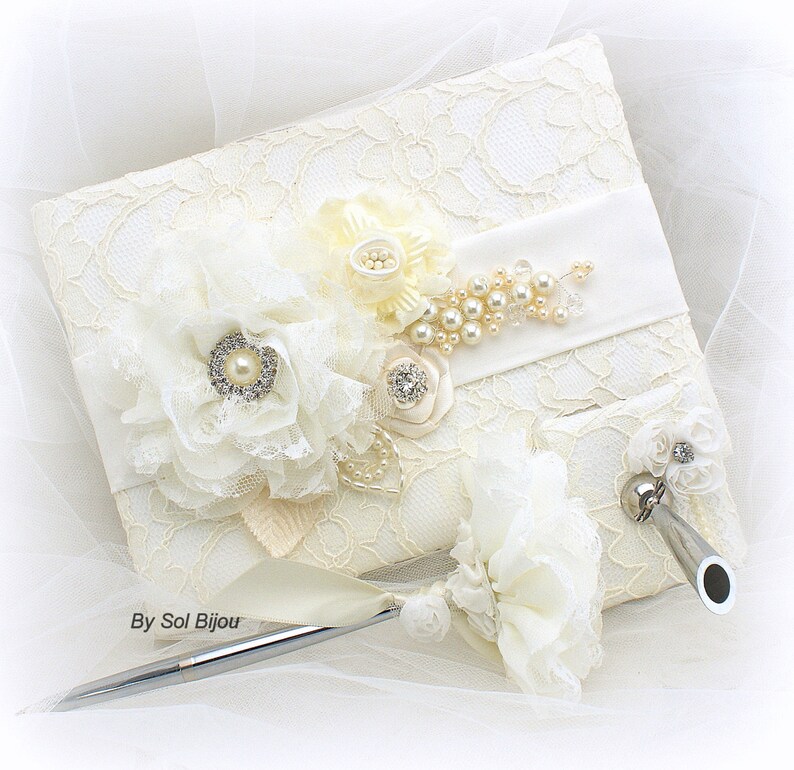 Wedding Signature Book and Pen Set in Ivory and White Vintage Style