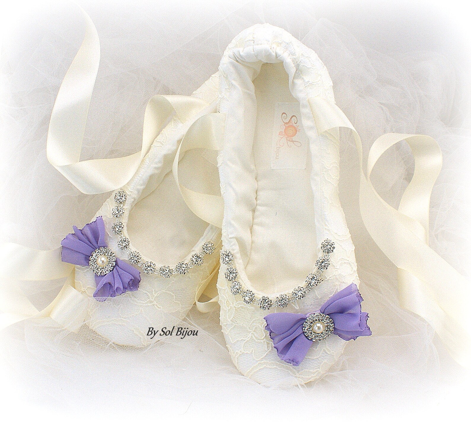 beaded ivory wedding ballet slippers with purple bows, lace bridal ballet flats in custom sizes