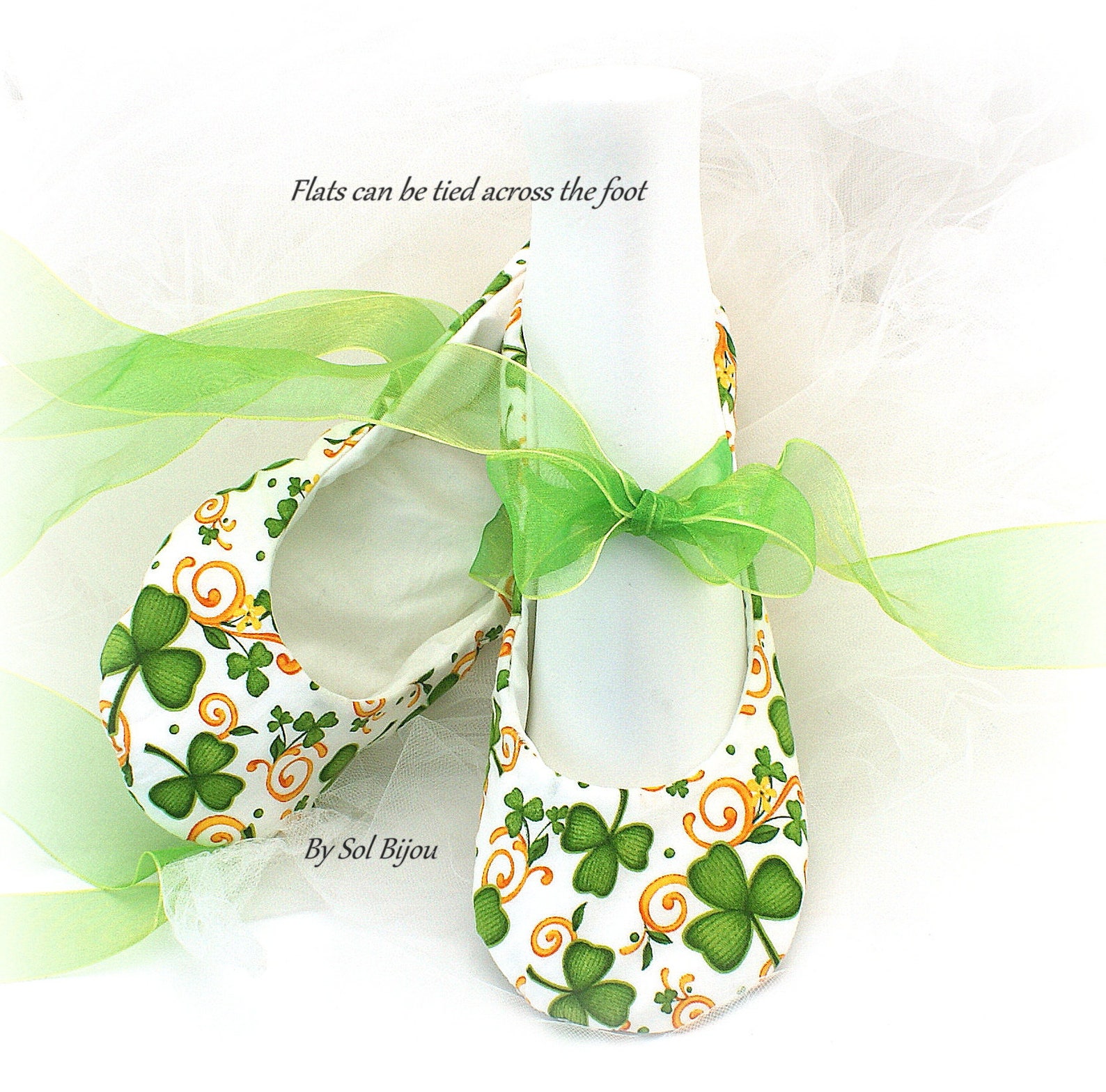 wedding ballet shoes green clover st. patrick irish theme flats with ribbons