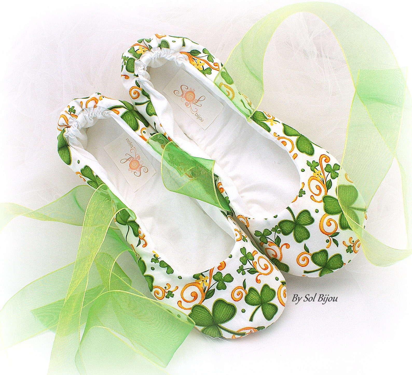 wedding ballet shoes green clover st. patrick irish theme flats with ribbons
