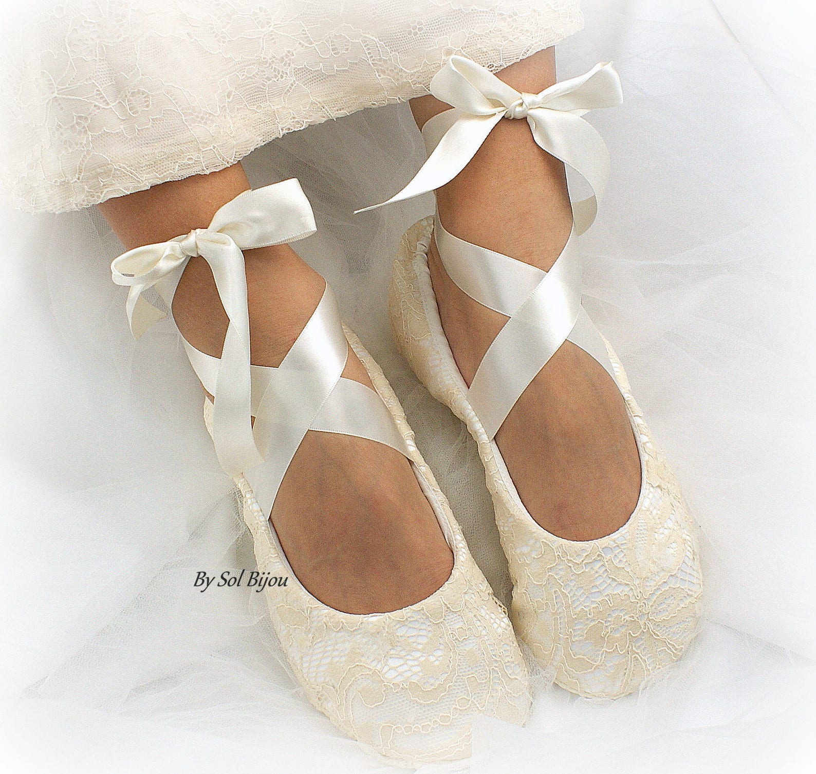 wedding ballet shoes in blush and ivory lace with ribbon ties