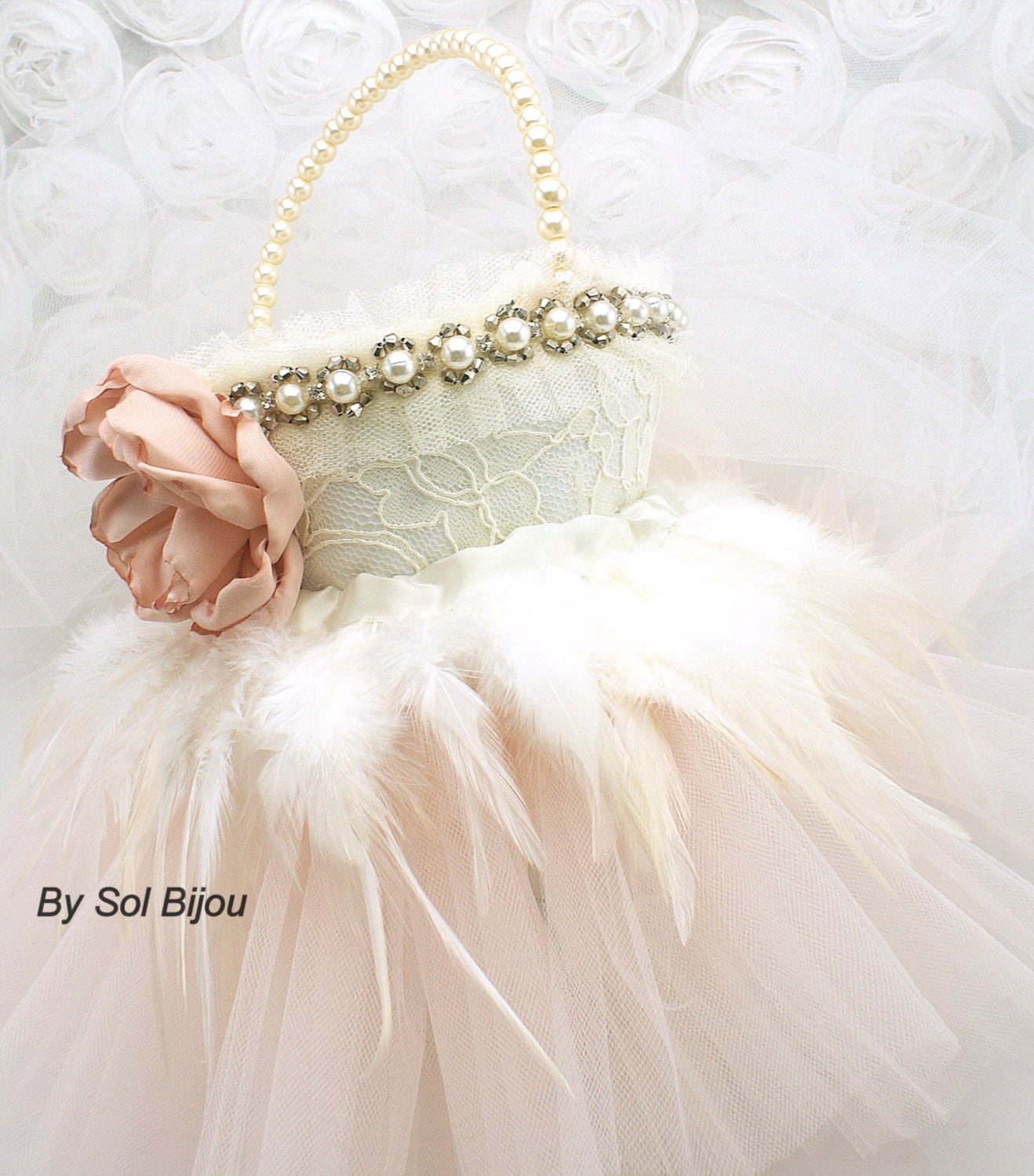 Flower Girl Basket with Tulle Tutu Feathers and Pearls in Etsy