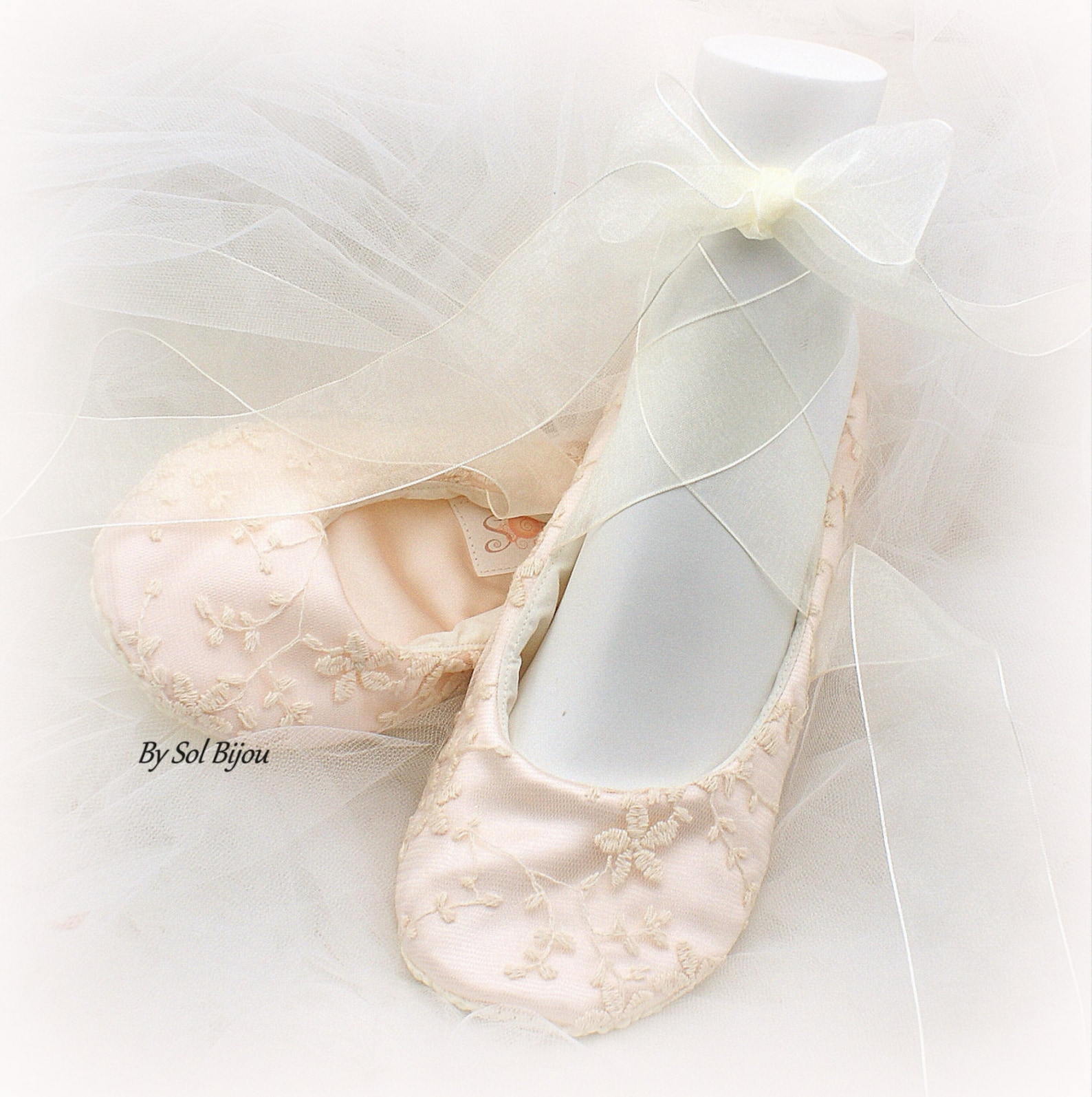 wedding ballet shoes in blush and ivory lace with ribbon ties