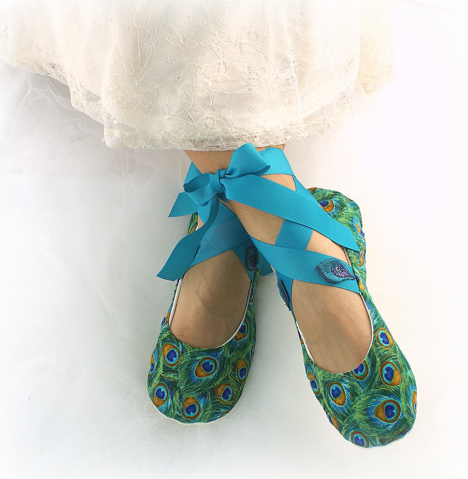 peacock custom wedding bridal ballet flats shoes cotton lace up ballet slippers peacock weddings