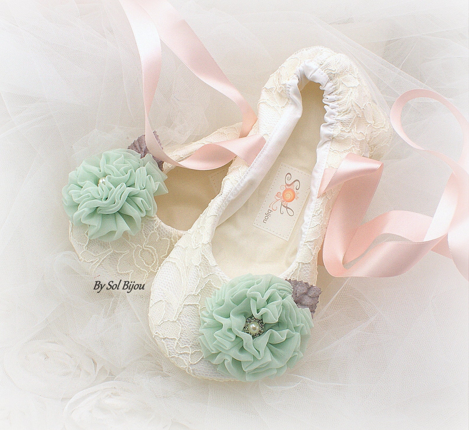 lace ballet shoes in ivory, blush and mint, custom wedding flats