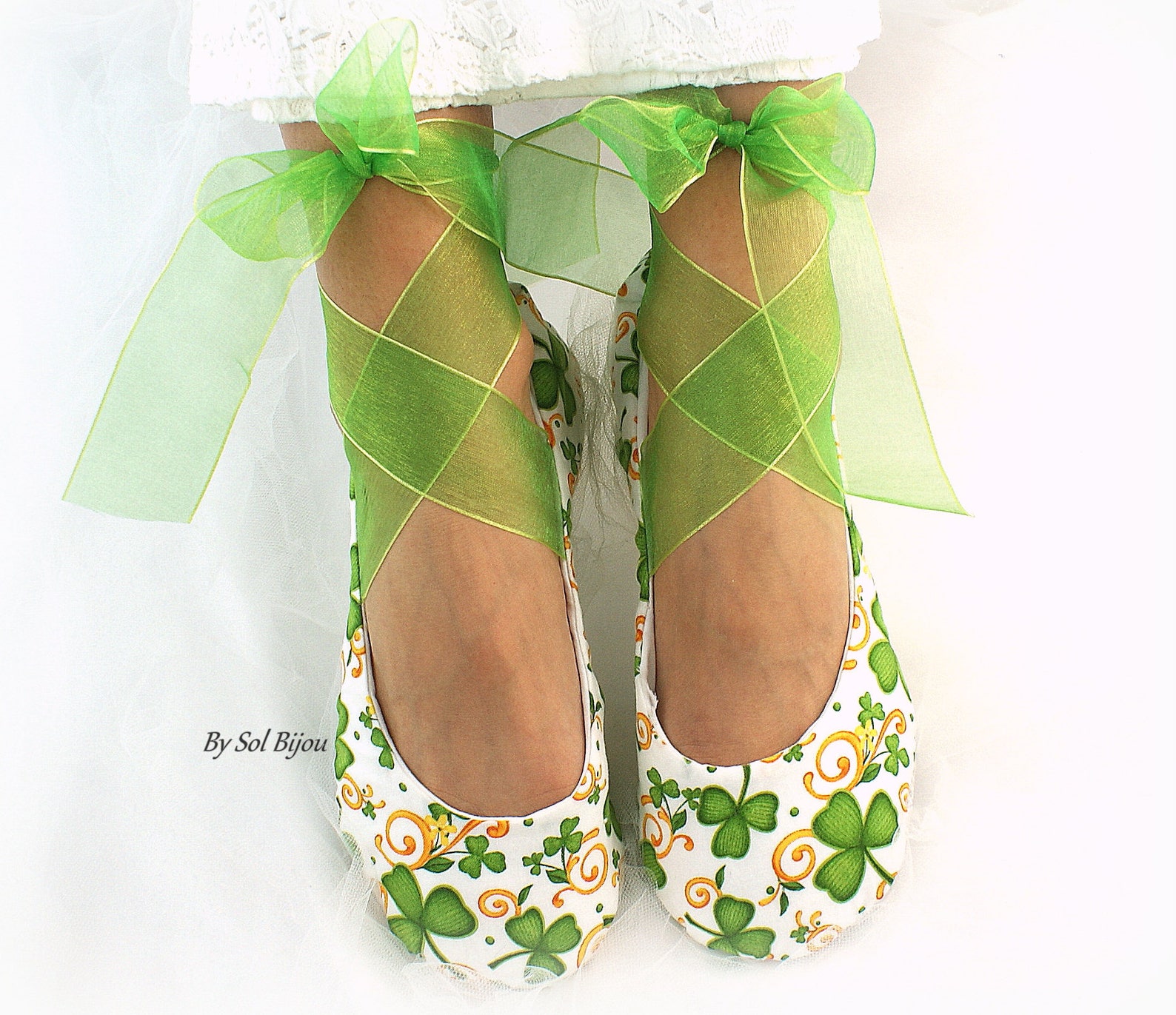 wedding ballet shoes green clover st. patrick irish theme flats with ribbons