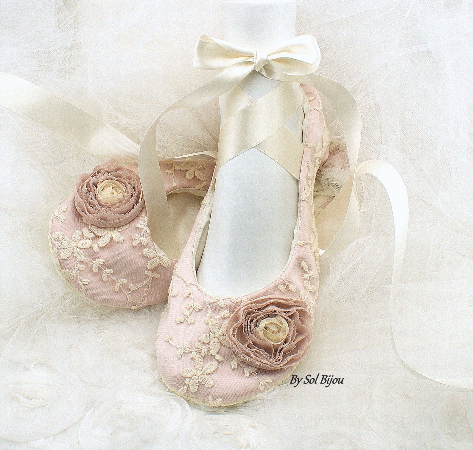 rose blush and ivory wedding ballet shoes with ribbons lace ballet slippers vintage style