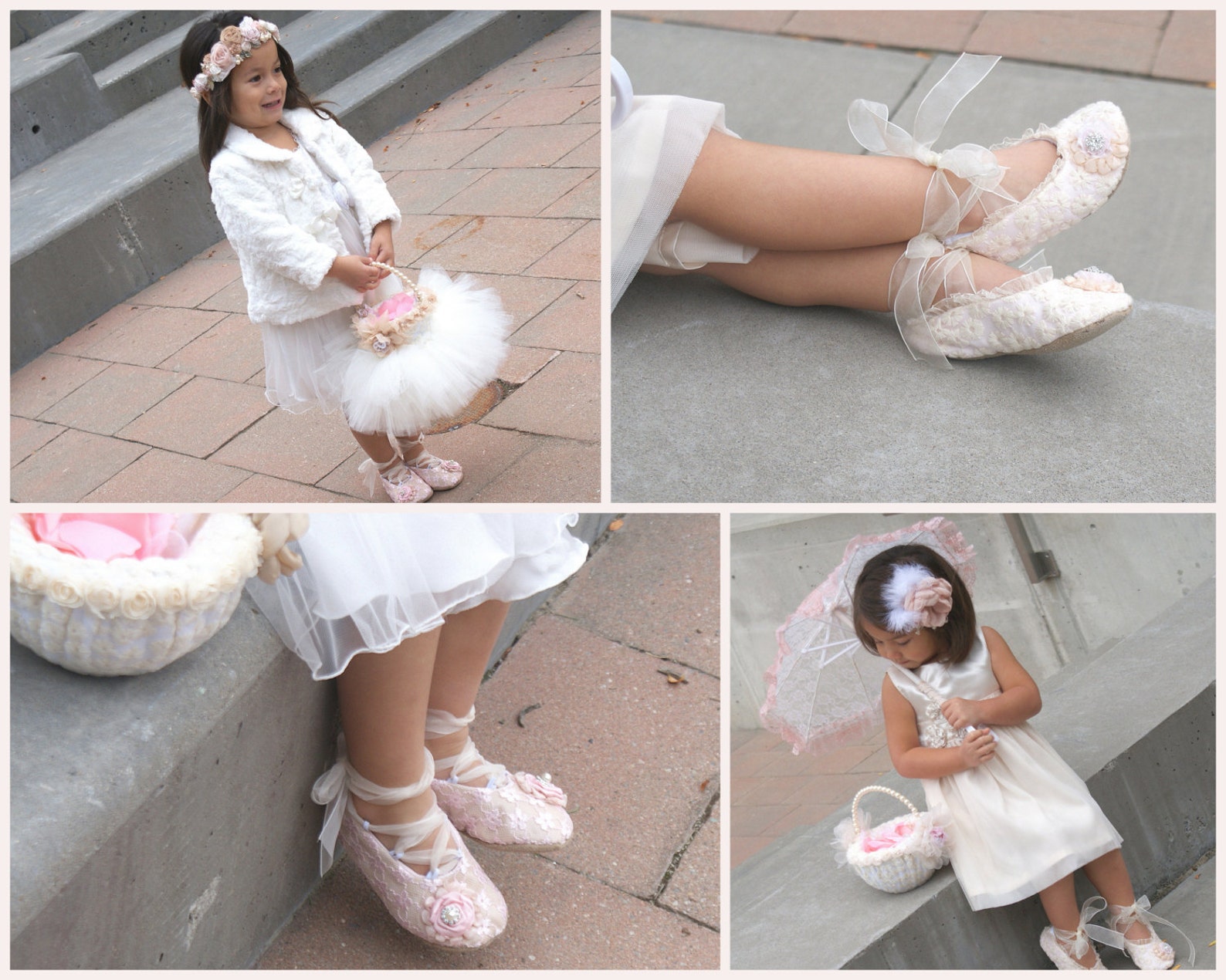 flower girl flats, ballet flats, champagne, pink, blush, elegant, vintage style, shoes, first communion, ballerina slippers, lac