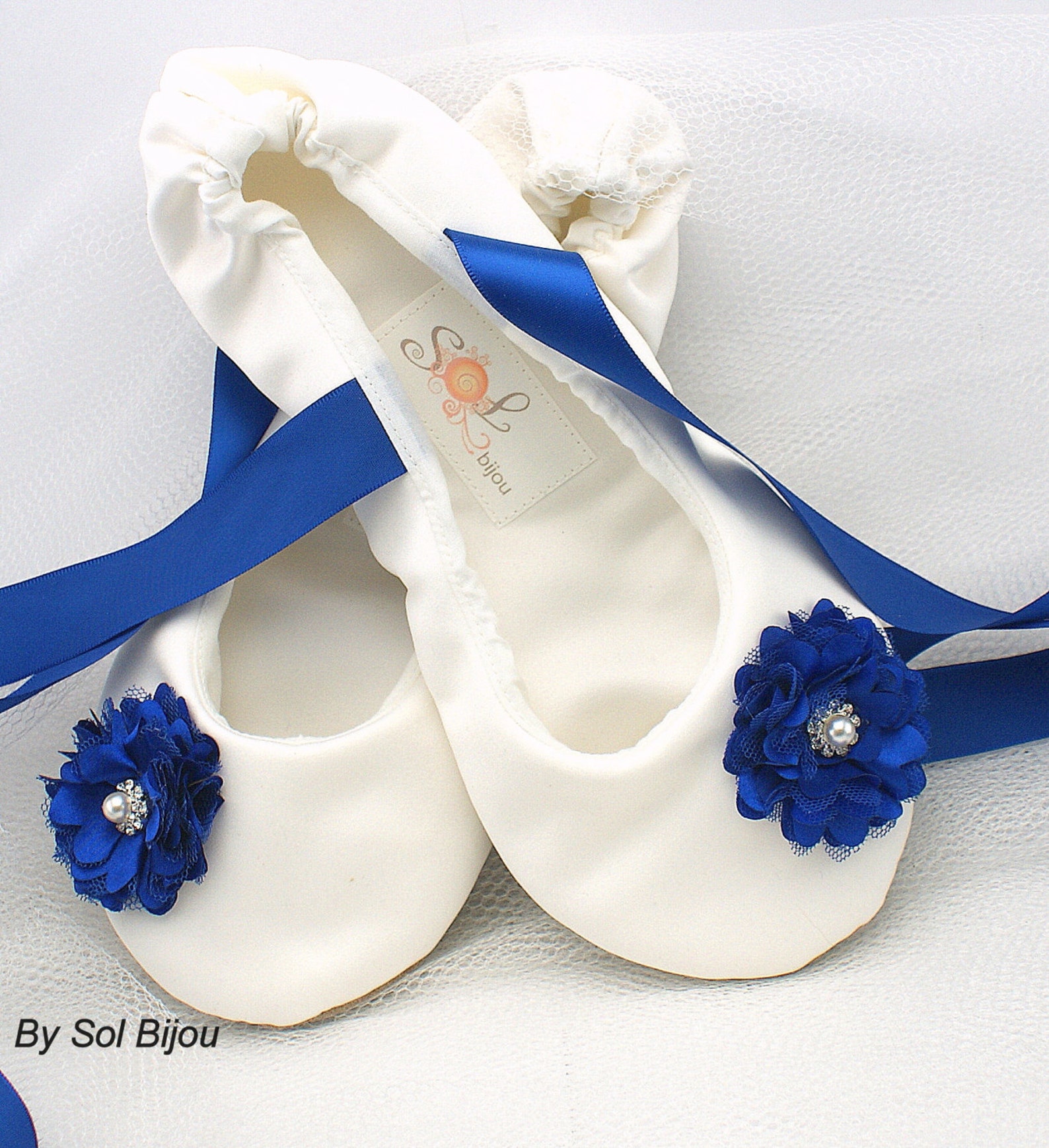 ivory and royal blue bridal satin flats, ballet flats with ties, custom wedding flats