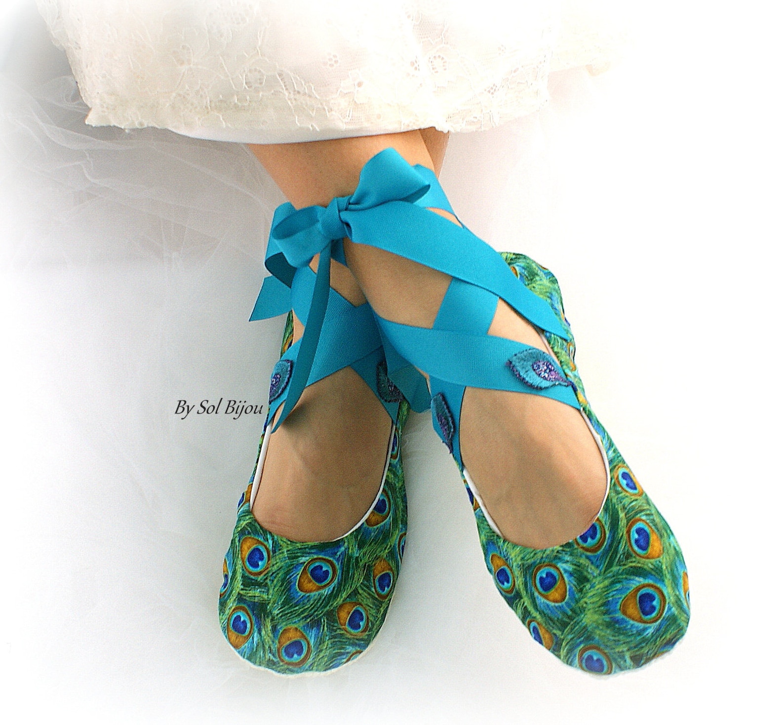 peacock custom wedding bridal ballet flats shoes cotton lace up ballet slippers peacock weddings