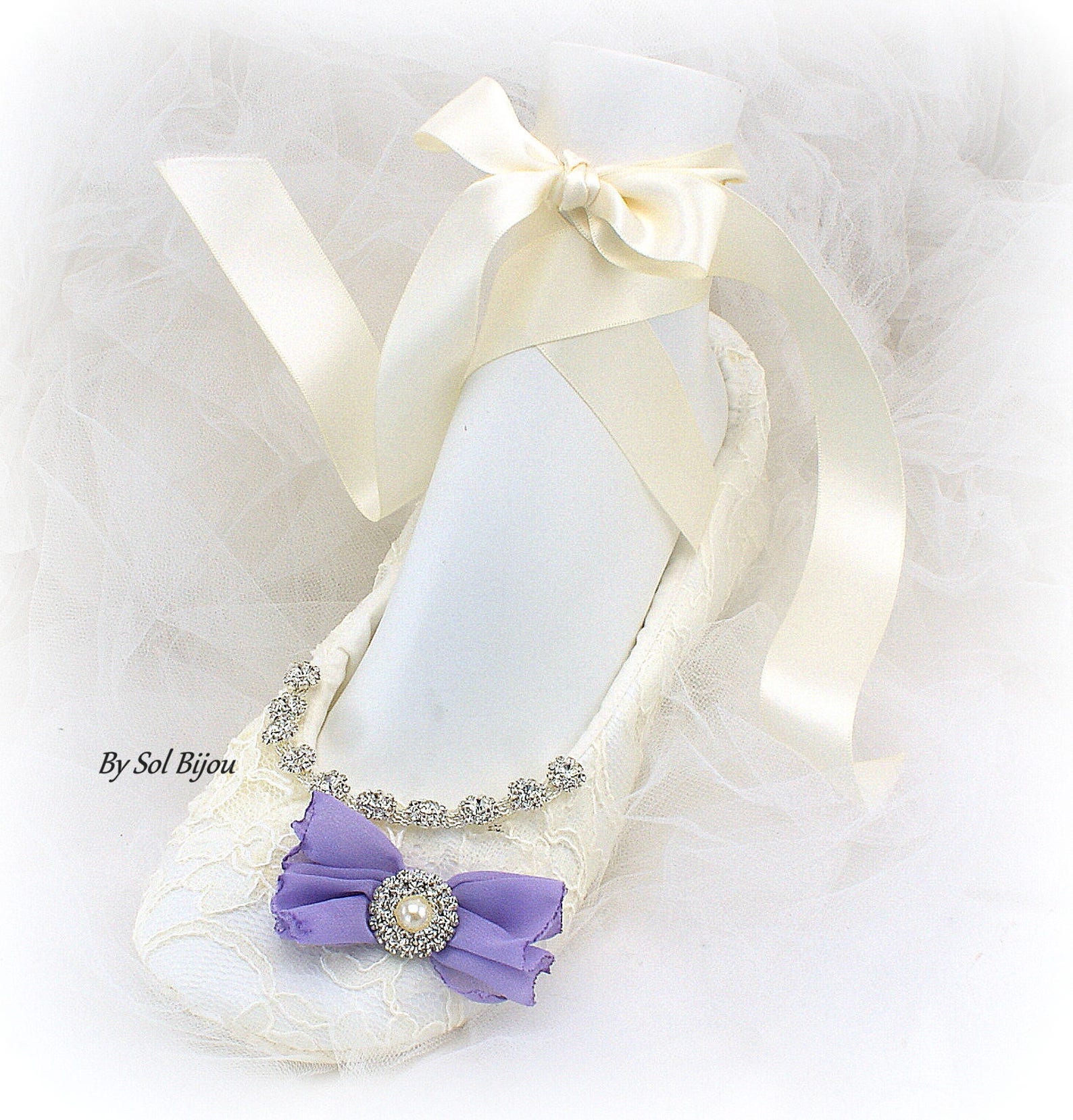 beaded ivory wedding ballet slippers with purple bows, lace bridal ballet flats in custom sizes