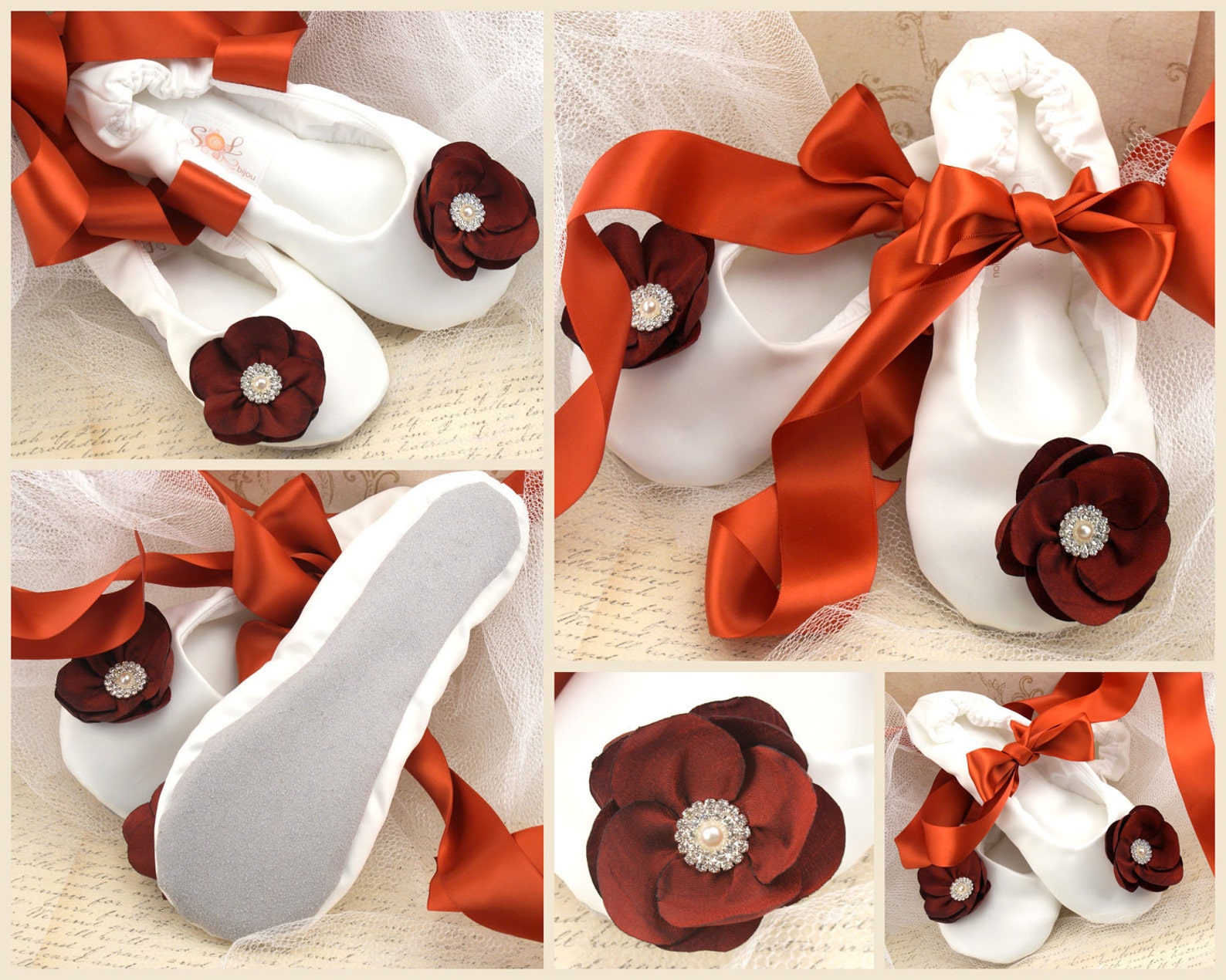 burnt orange wedding flats,ivory,burnt orange ballet flats,fall wedding shoes,bridal ballet flats,satin ballet slippers,flower g