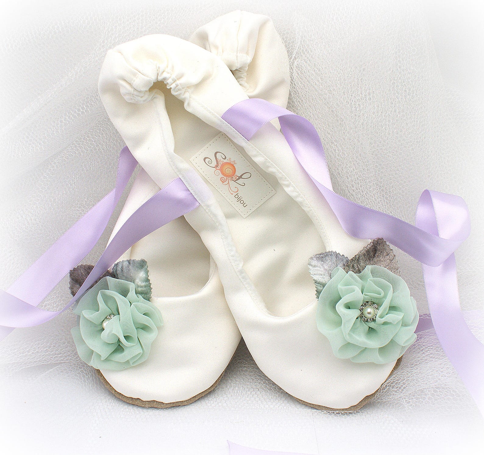 wedding ballet flats shoes ivory mint lilac with flowers and ankle ties satin bridal slippers