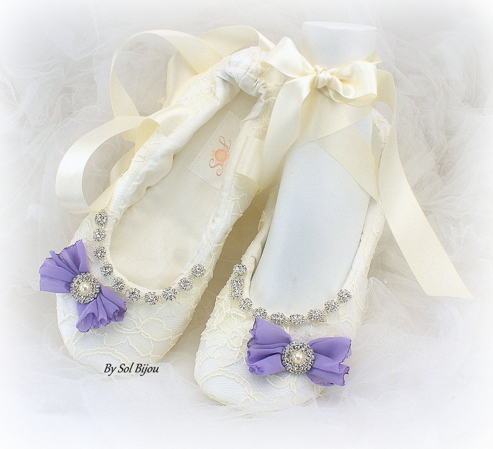 beaded ivory wedding ballet slippers with purple bows, lace bridal ballet flats in custom sizes