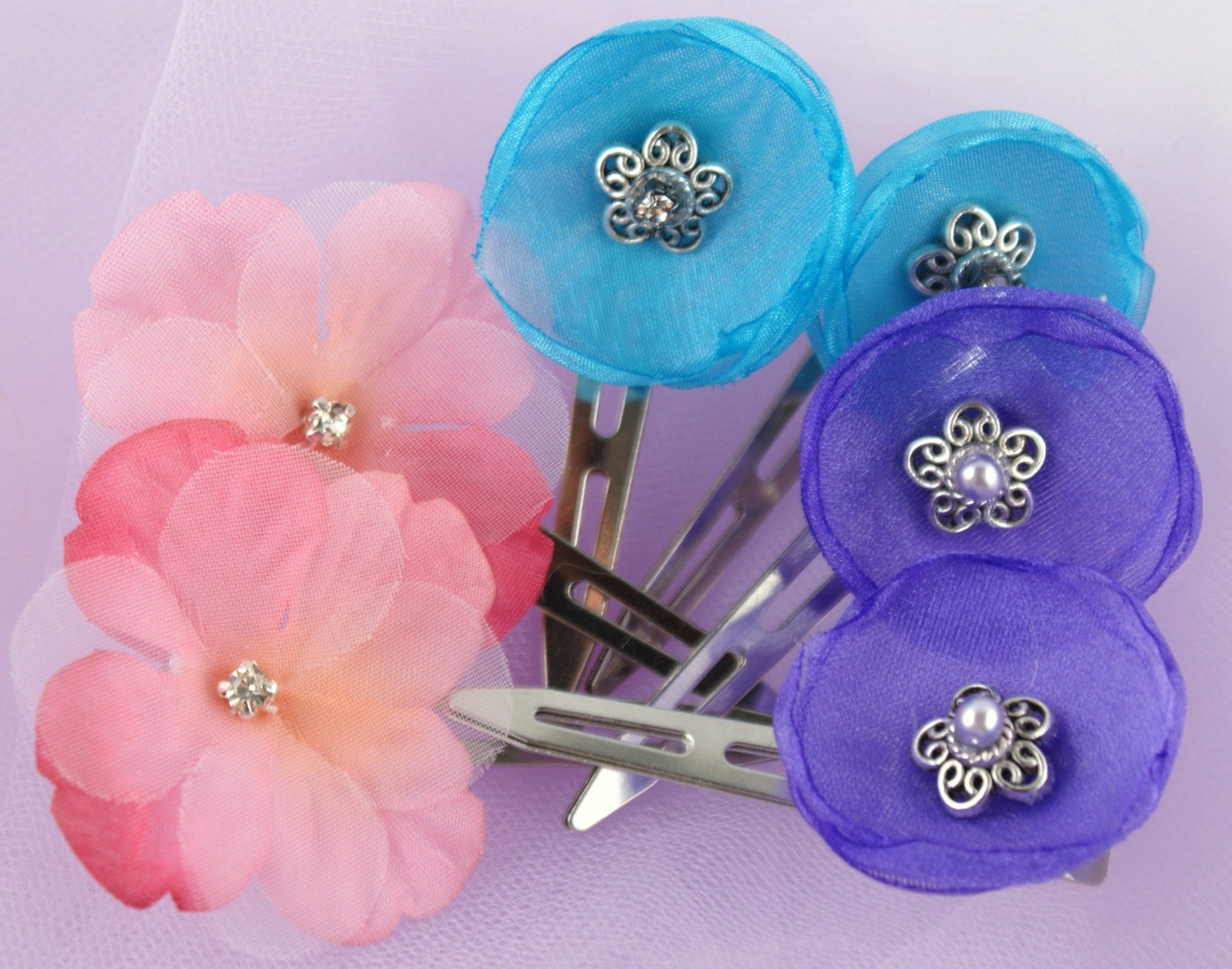 Rose Floral Hair Clip Set of 2 with Handmade Organza and Etsy