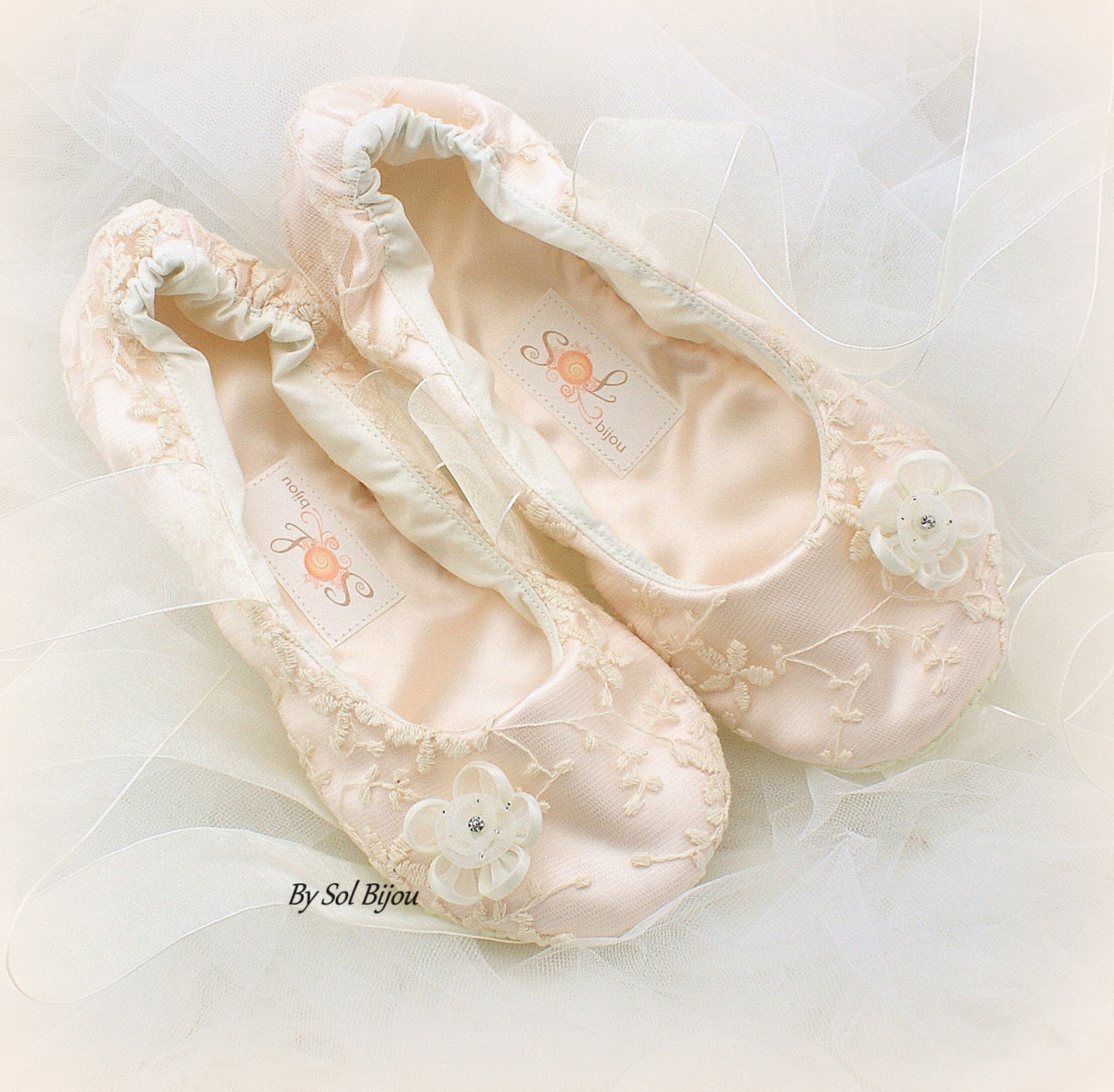 wedding ballet shoes in blush and ivory lace with ribbon ties