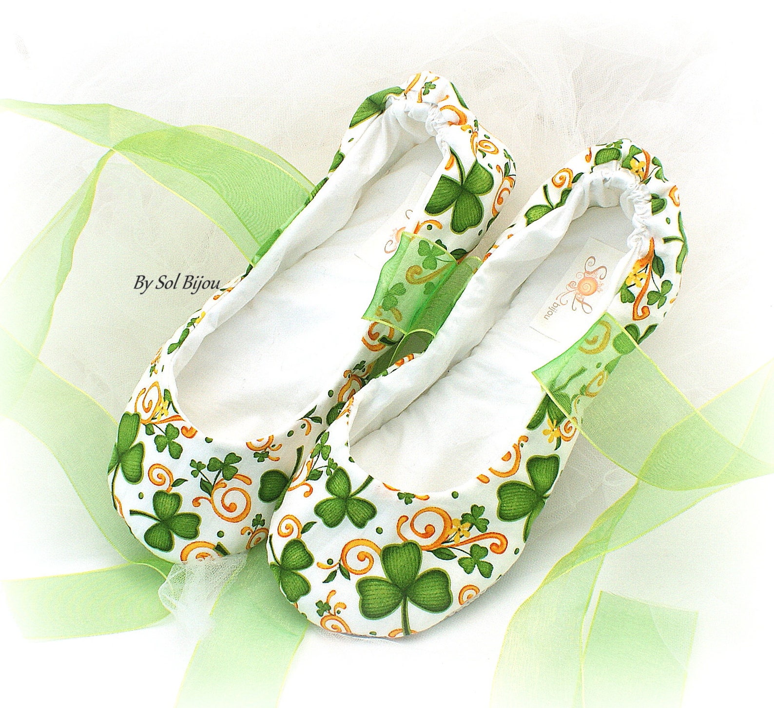 wedding ballet shoes green clover st. patrick irish theme flats with ribbons