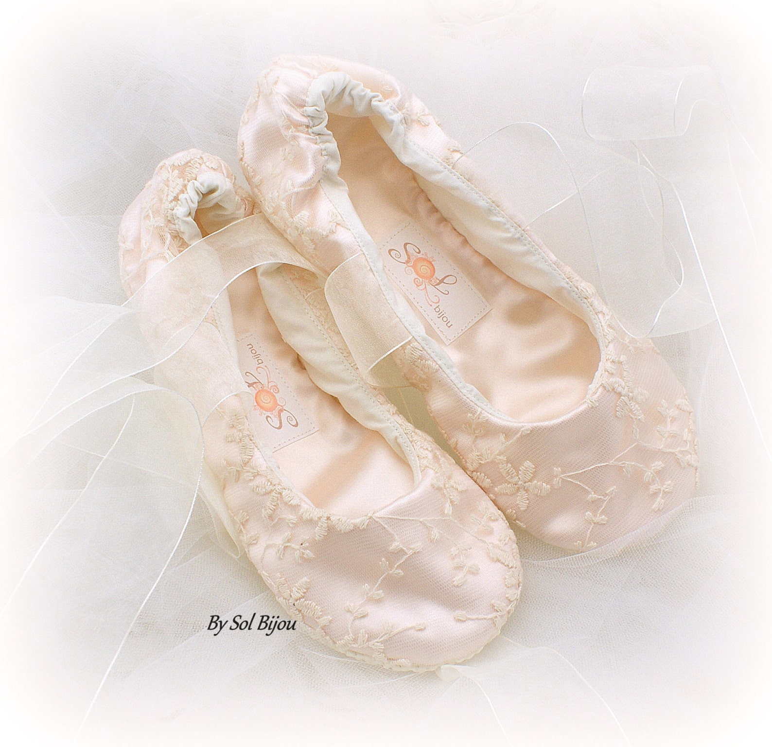 wedding ballet shoes in blush and ivory lace with ribbon ties