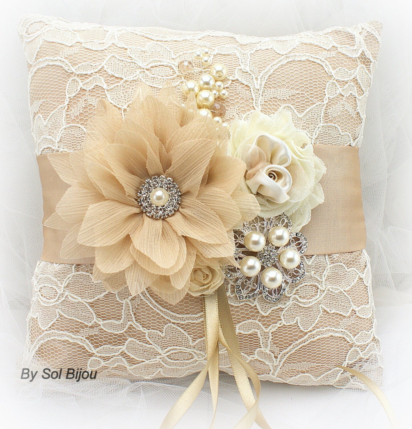 Wedding Ring Pillow Champagne Ivory Gold with Lace and Pearl