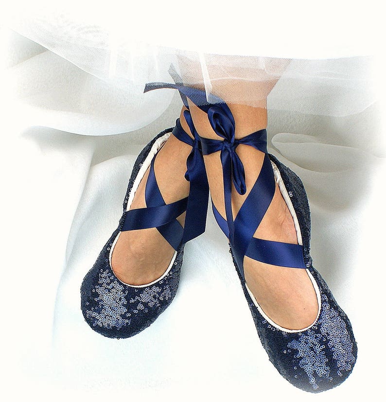 Wedding Ballet Flats Shoes Sequin Navy 