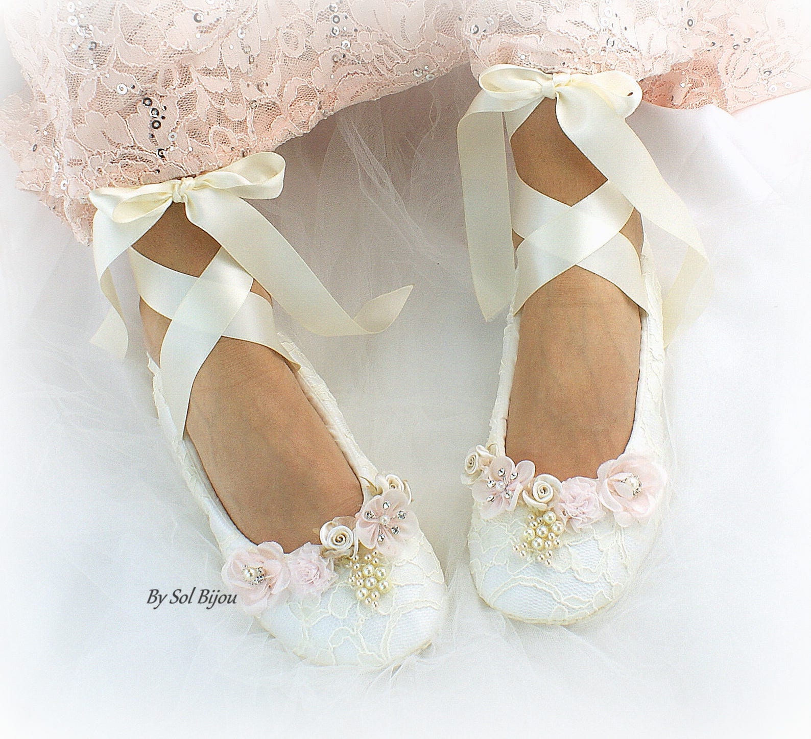 ivory lace wedding ballet shoes slippers lace up bridal ballet flats with flowers and pearls comfortable custom wedding flat sho