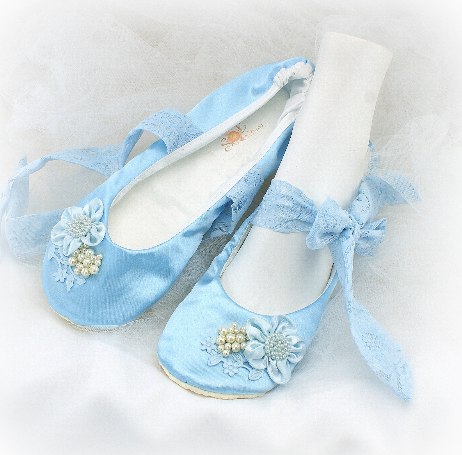 wedding ballet shoes in blue satin with lace side ties and pearls vintage style