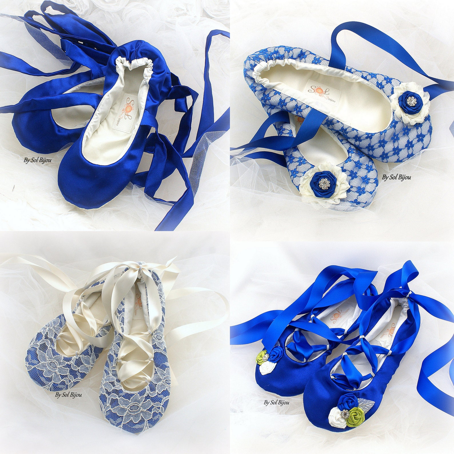 ivory and royal blue bridal satin flats, ballet flats with ties, custom wedding flats