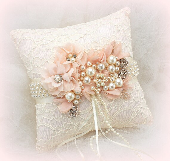 Antique pink beaded floral lace wedding ring bearer pillow