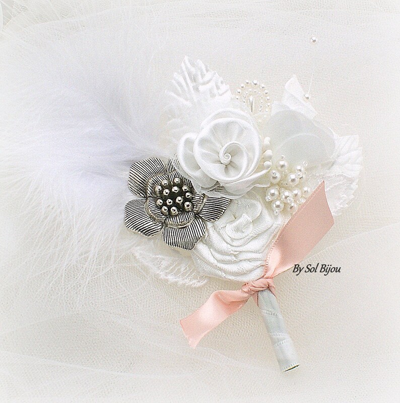 Pink Groomsmen Blush Brooch White Bout Elegant Feathers Corsage Groom Boutonniere Button Hole Brooch Boutonniere Pearls
