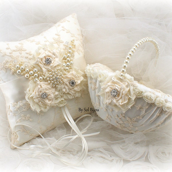 Ivory Wedding Pillow and Flower Girl Basket Set with Lace and Pearls Vintage Elegant Style