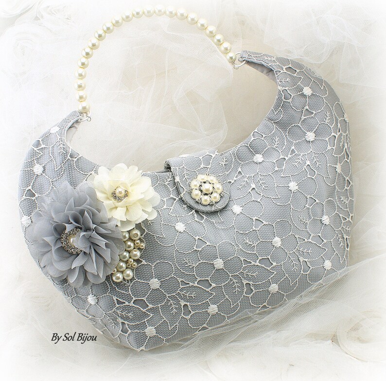 Silver Wedding Purse Gray Ivory Wedding Handbag Lace Purse Etsy