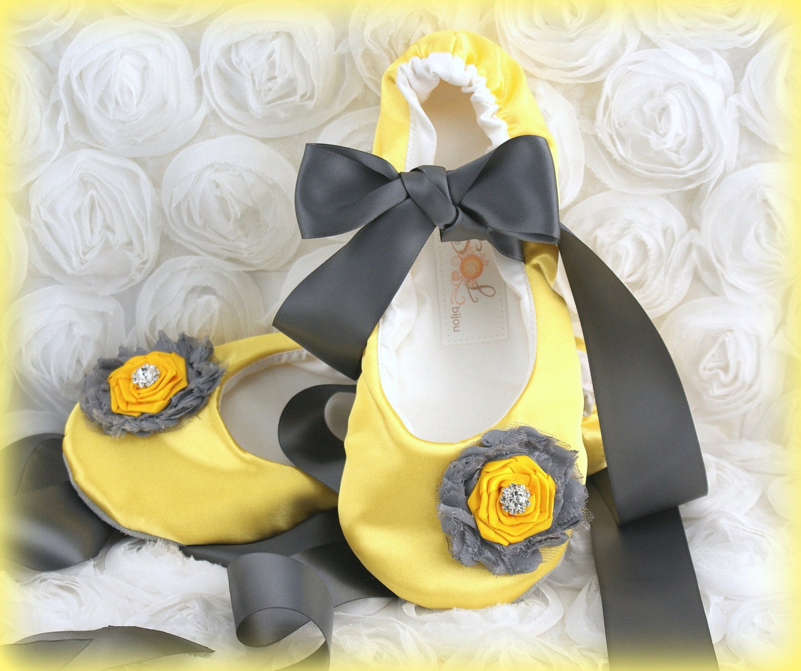 yellow and gray bridal flats, wedding ballet flats in satin with ribbon ties, custom wedding flats