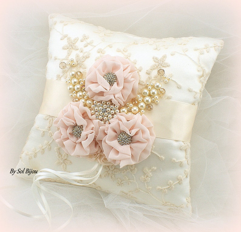 Ring Bearer Pillow Flower Girl Basket Set Gold Ivory Pink Blush Elegant Vintage Style Lace Wedding Basket Ring Cushion