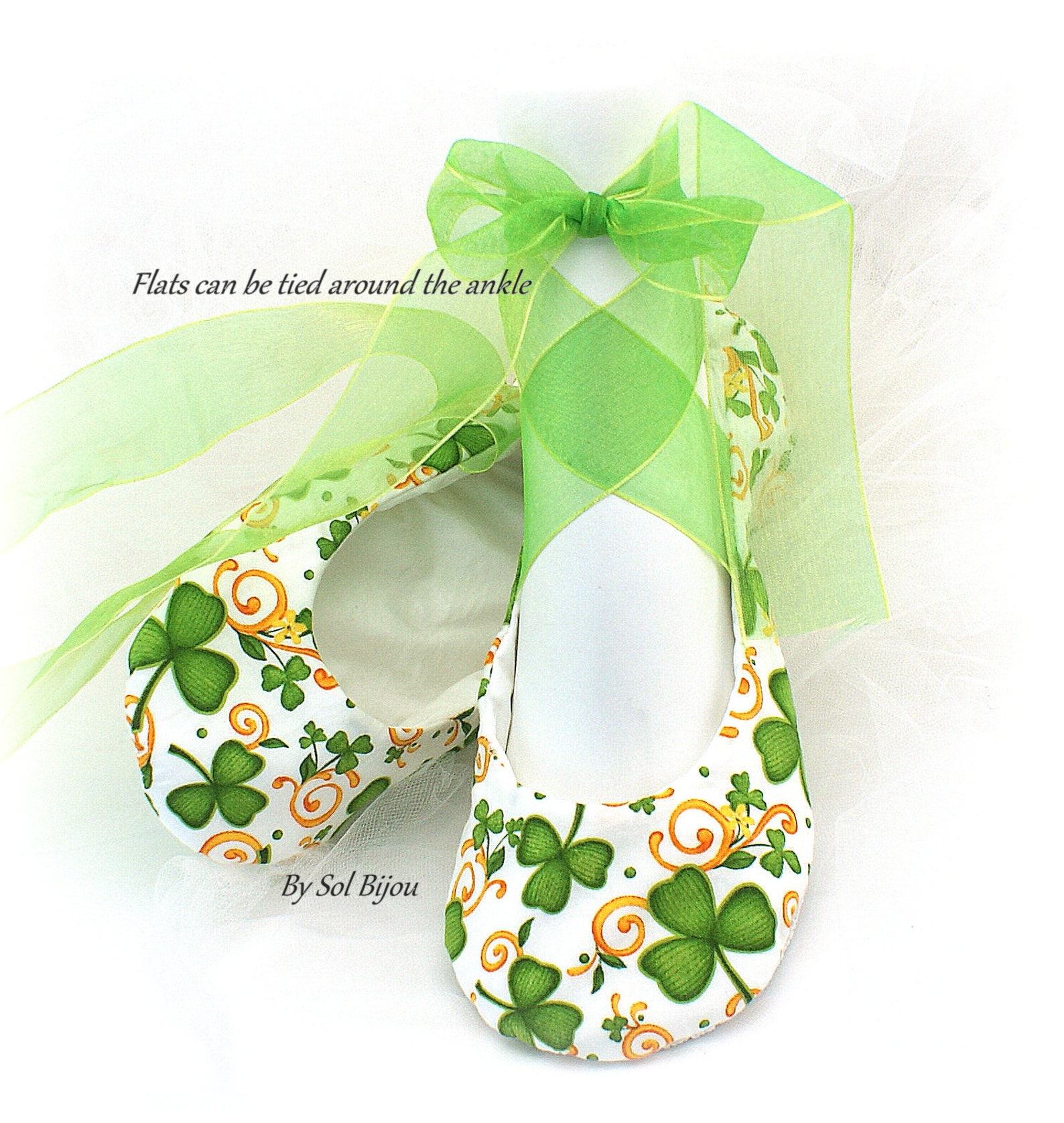 wedding ballet shoes green clover st. patrick irish theme flats with ribbons