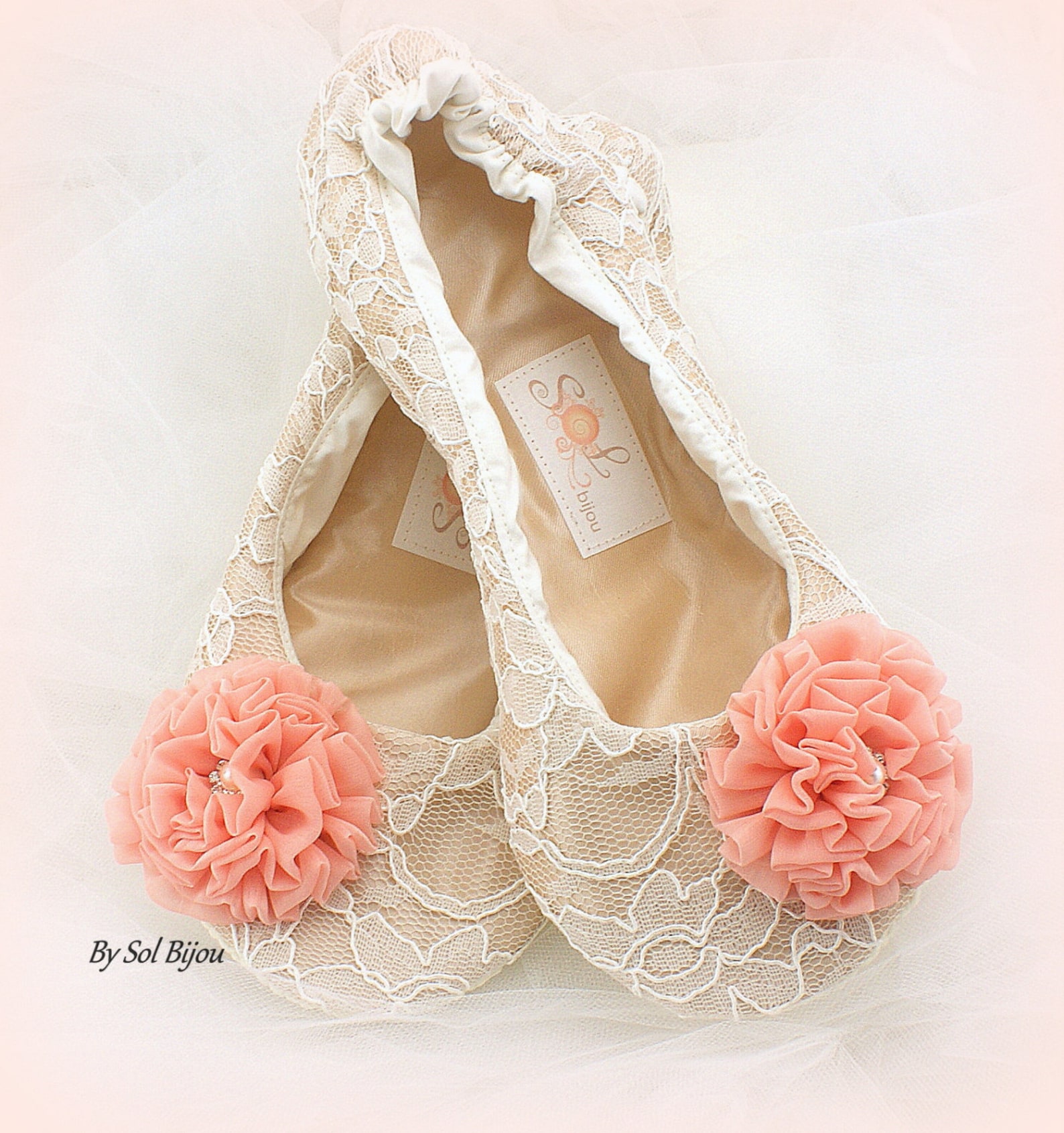 ballet flats wedding slippers in champagne lace with coral flowers
