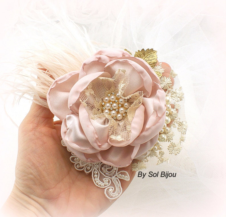 Wedding Hair Clip Dusty Rose Gold and Blush Clip with Feathers Lace Pearls Vintage Style