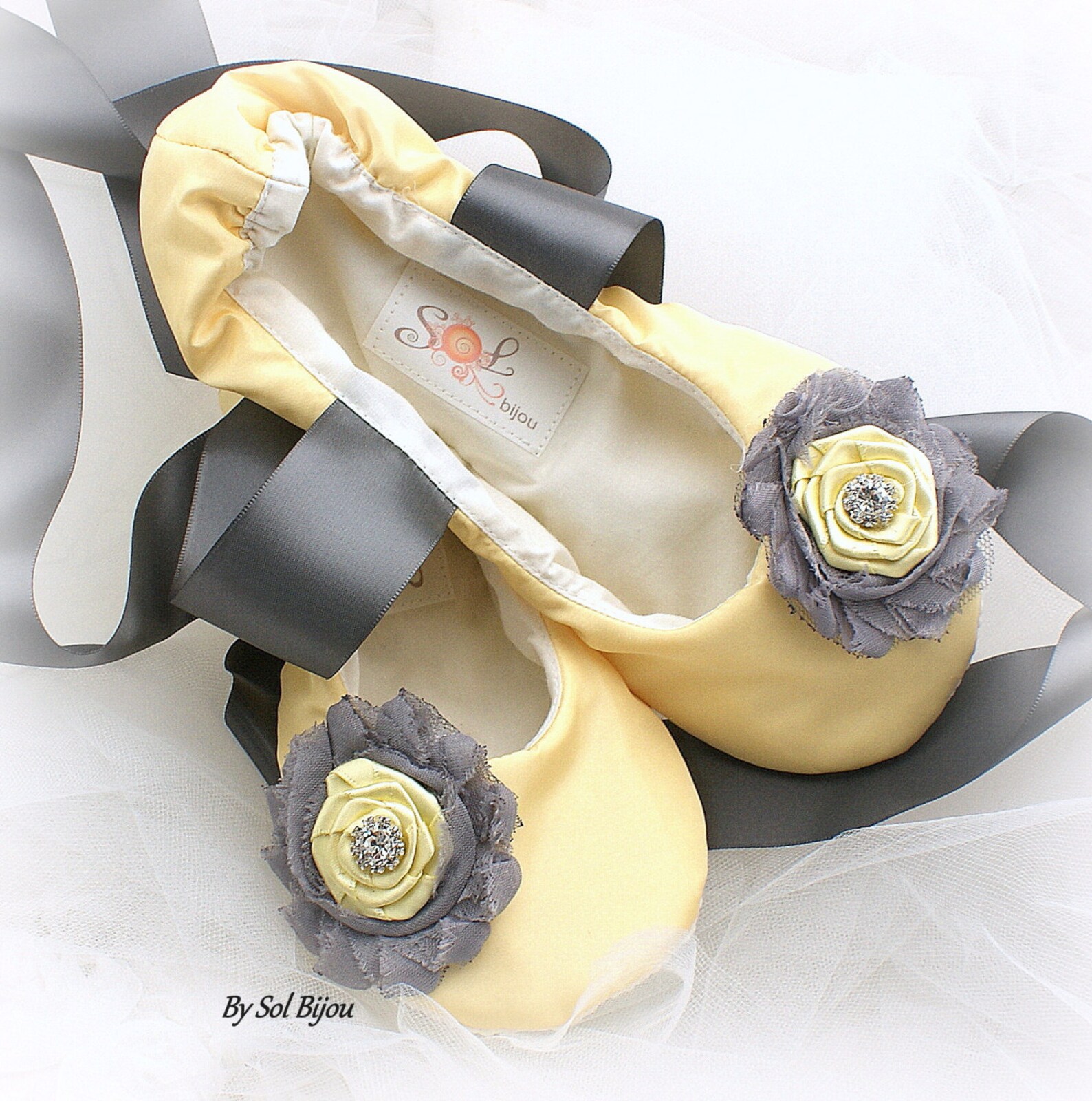 yellow and gray bridal flats, wedding ballet flats in satin with ribbon ties, custom wedding flats