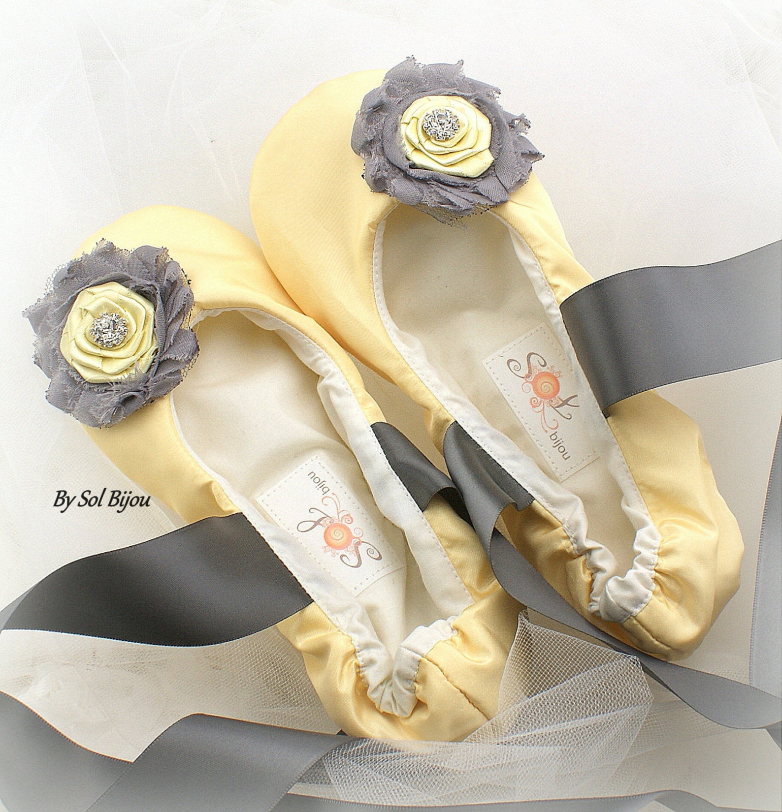 yellow and gray bridal flats, wedding ballet flats in satin with ribbon ties, custom wedding flats