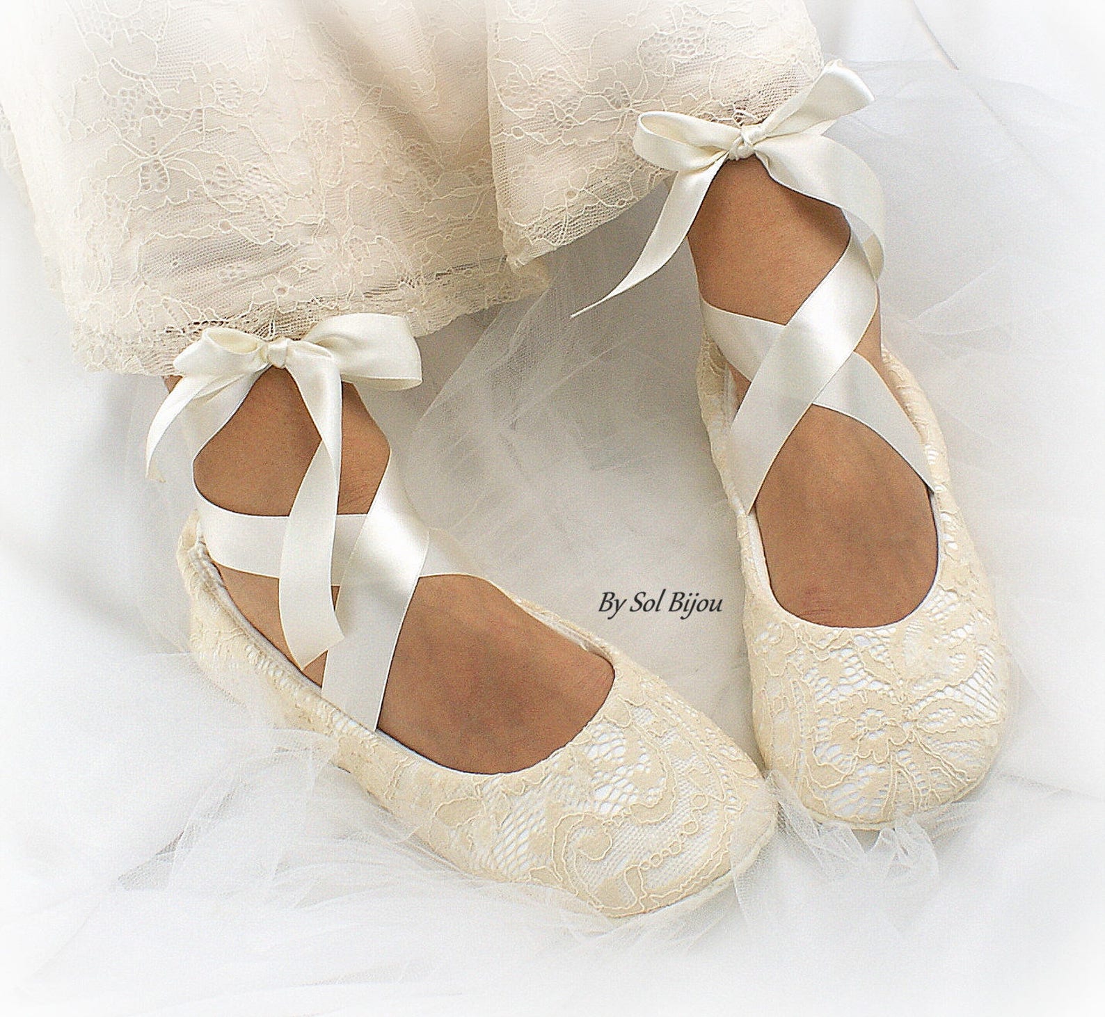 wedding ballet shoes in blush and ivory lace with ribbon ties