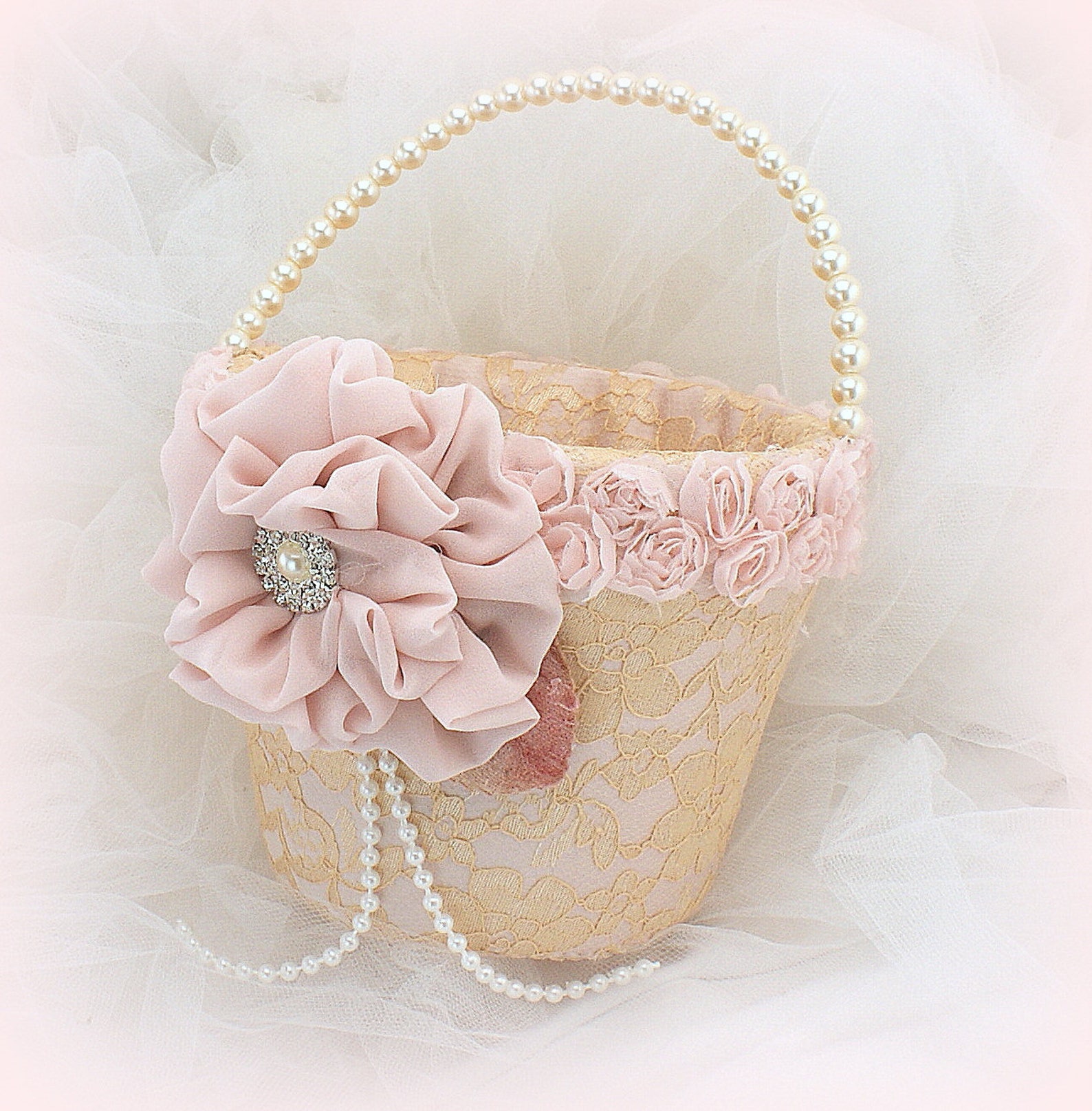 Lace Flower Girl Basket Rose Gold Blush Pearl Handle Elegant Etsy