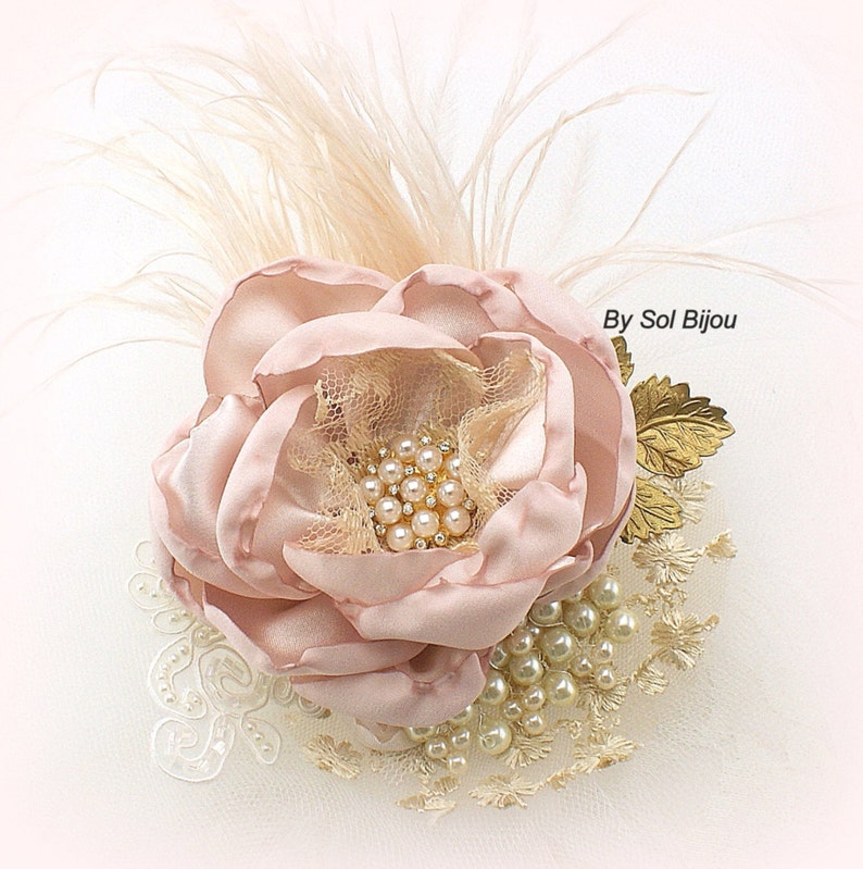 Wedding Hair Clip Dusty Rose Gold and Blush Clip with Feathers Lace Pearls Vintage Style