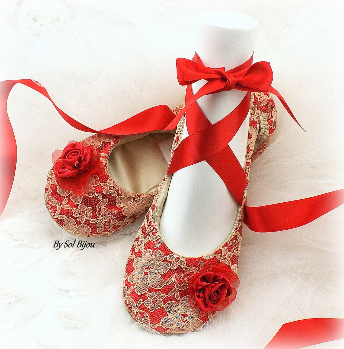 Red and Gold Wedding Ballet Shoes Lace Bridal Flats Etsy