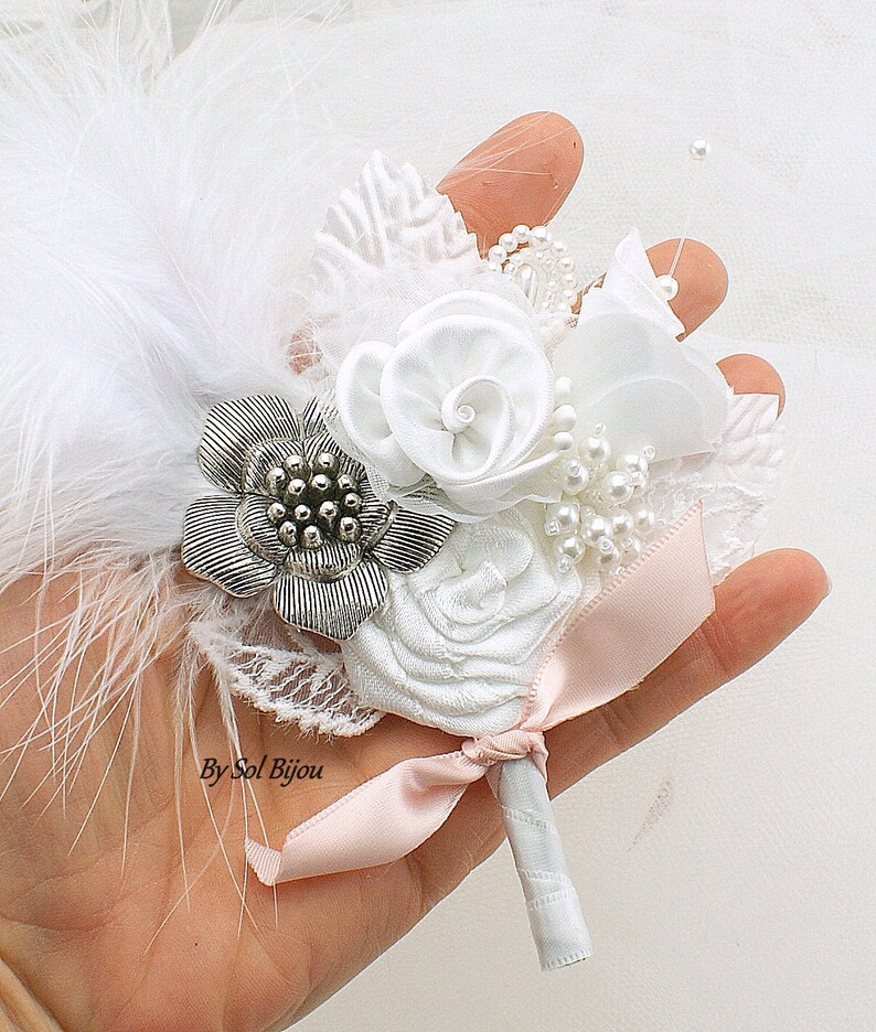 Pink Groomsmen Blush Brooch White Bout Elegant Feathers Corsage Groom Boutonniere Button Hole Brooch Boutonniere Pearls