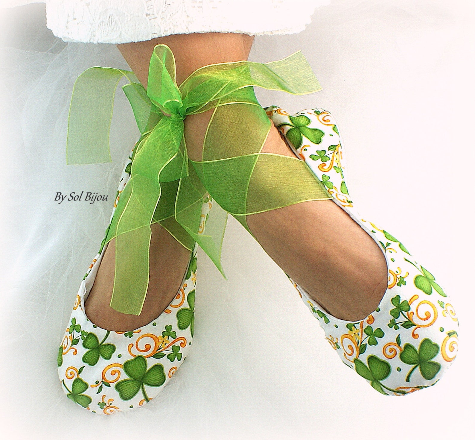 wedding ballet shoes green clover st. patrick irish theme flats with ribbons