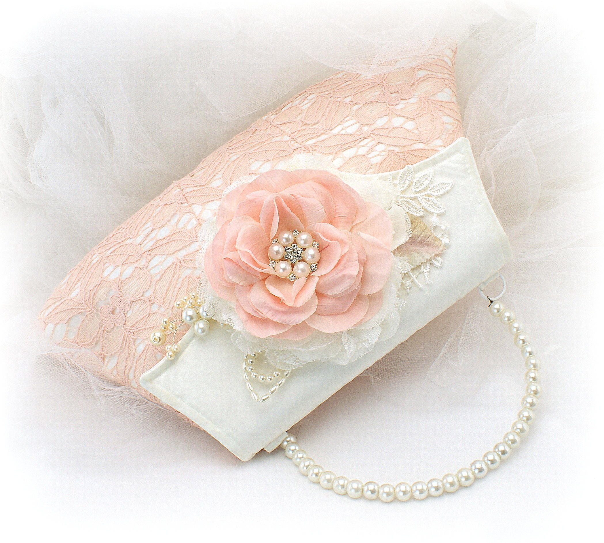 Blush Pink Wedding Purse with Lace and Pearls Vintage Style Etsy