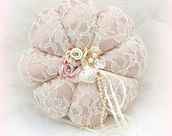 Wedding Ring Cushion Rose Blush Ivory Round Lace Ring Bearer Pillow with Pearls Vintage Style