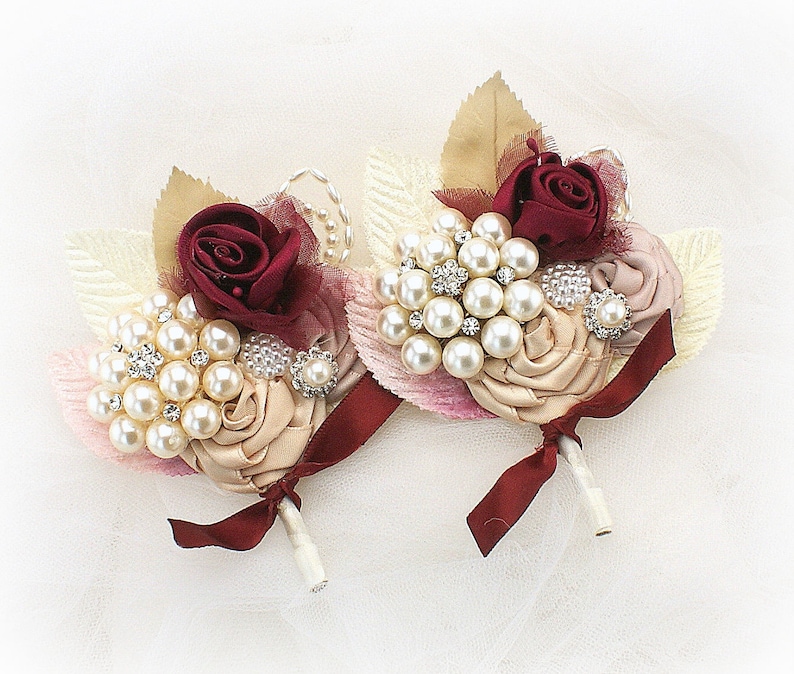 Wedding Groomsmen Boutonnieres Burgundy Champagne Rose Gold with Pearls Vintage Style Buttonholes