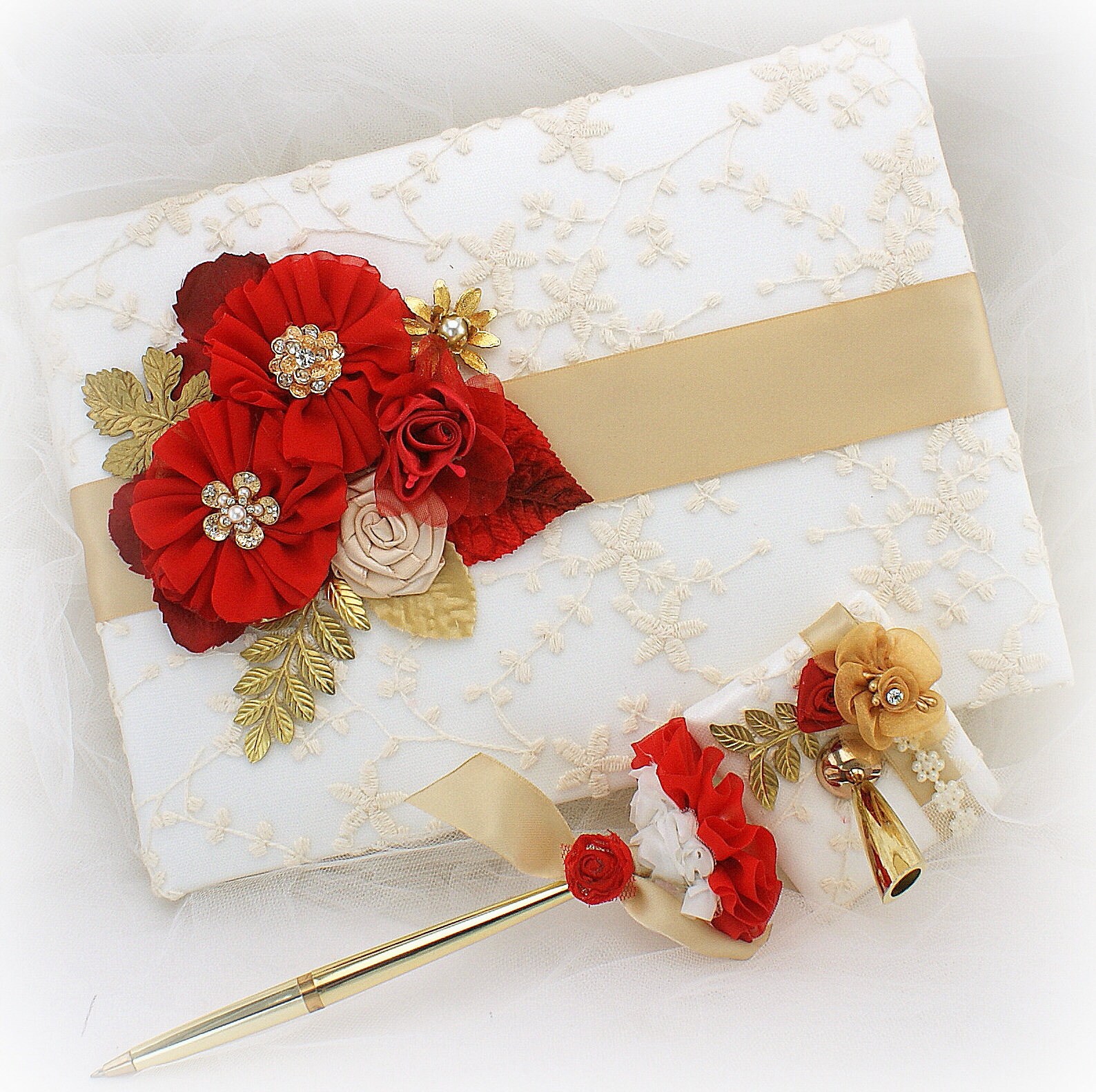 Rot Elfenbein und Gold Spitze Hochzeitsgästebuch mit Gold | Etsy