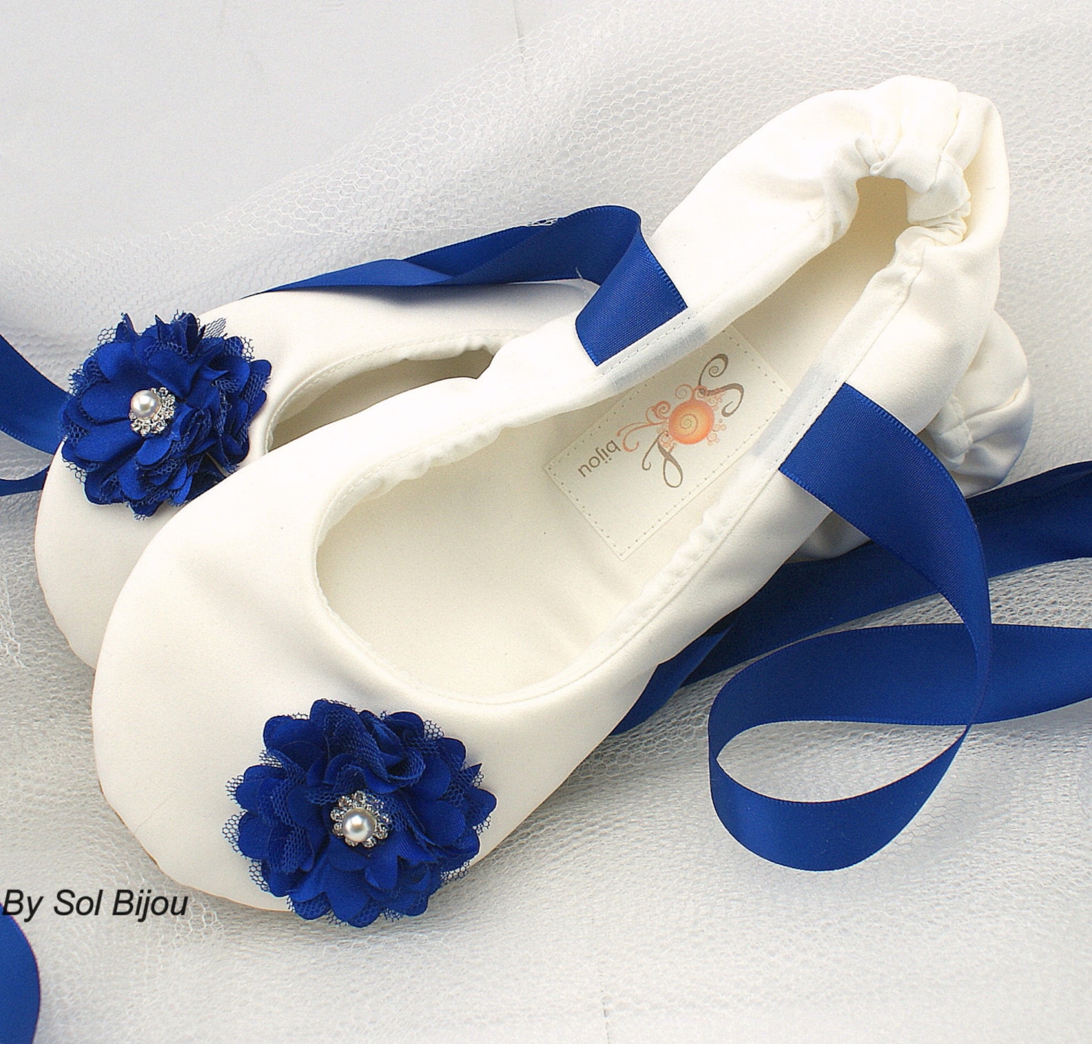 ivory and royal blue bridal satin flats, ballet flats with ties, custom wedding flats