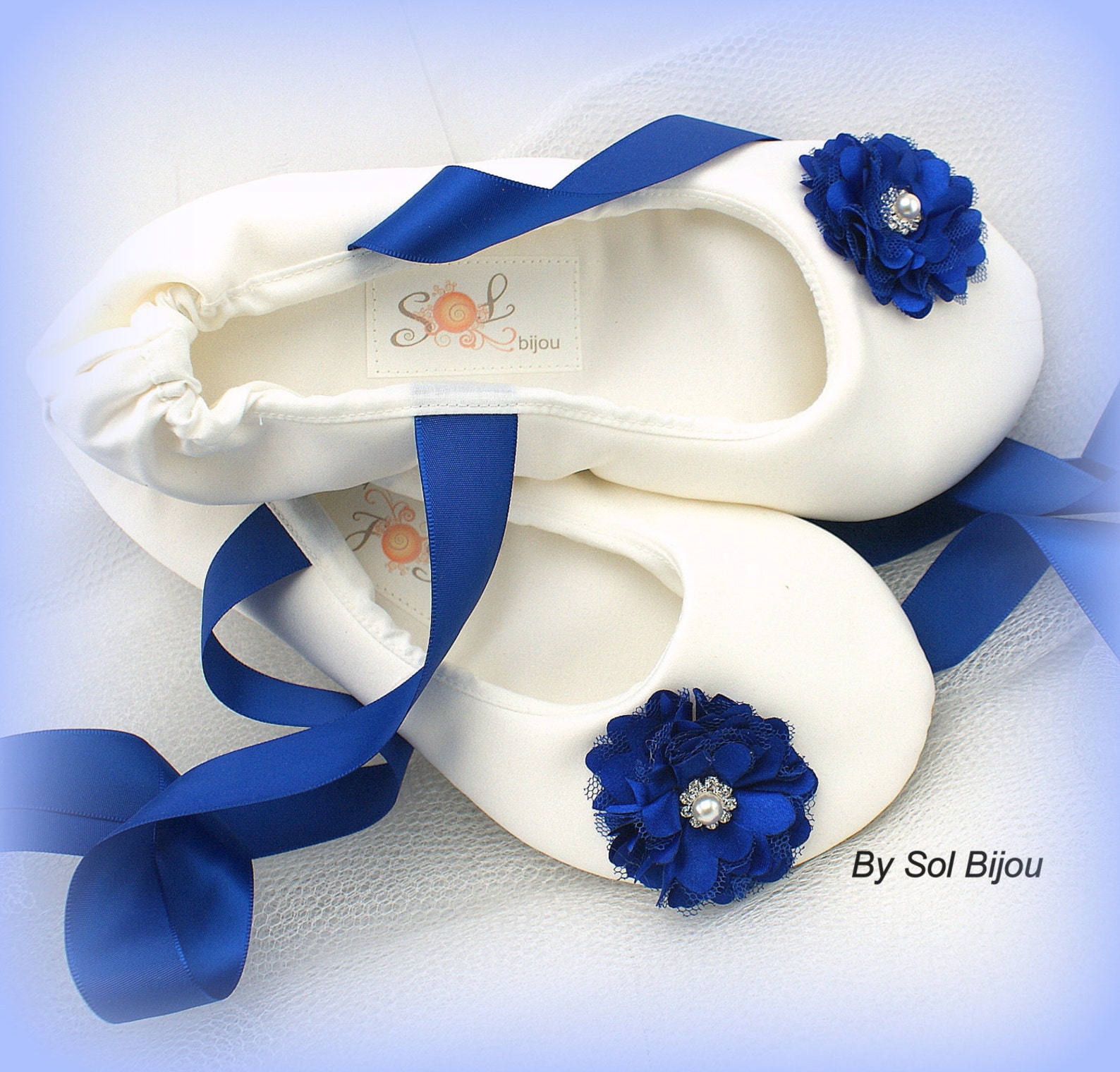 ivory and royal blue bridal satin flats, ballet flats with ties, custom wedding flats